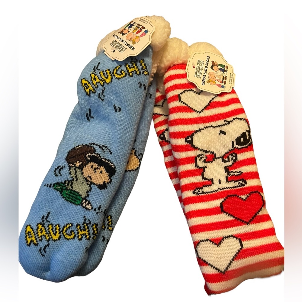 Snoopy Peanuts slipper socks  & Lucy & Charlie Brown football Sherpa lined NWT!